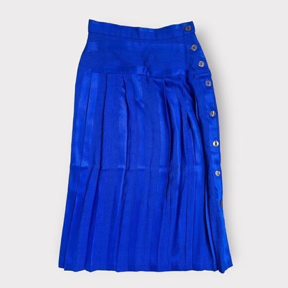 Vintage 80s Michelle Stuart Klein Blue Knitted Pleated Midi Skirt Side Slit Size - Picture 4 of 7